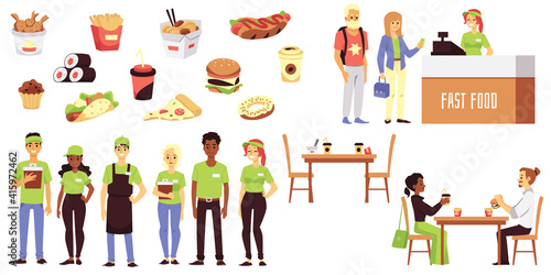 Set of fast food cafe symbols and characters flat vector illustration isolated.