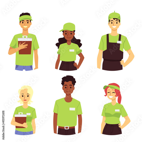 Fast food restaurant service workers in green uniform a flat vector illustrations