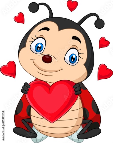 Cartoon ladybug holding a red heart