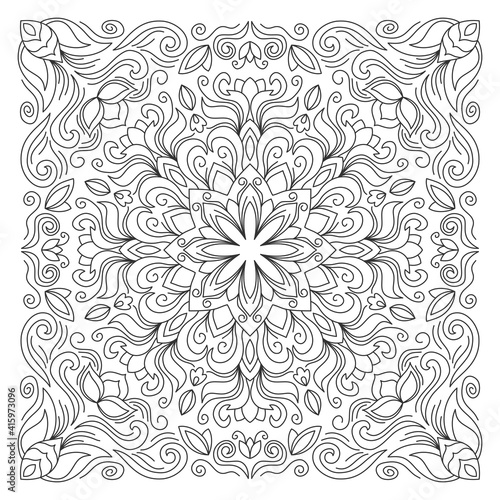 Ornament of silhouette flowers, twisted lines in a square. Tile design.