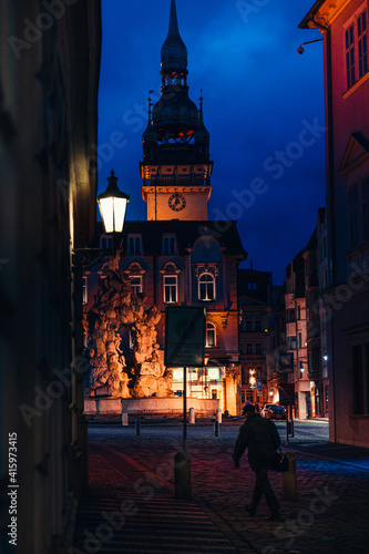 The Brno city hall at night. View of historical Zelny trh square with Parnas fountain, city Brno czech republic at night. photo