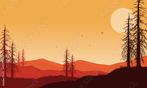 Stunning views of mountai ns and dry trees at dusk in the desert. Vector illustration