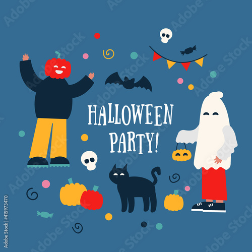 Halloween vector collection. Scary and funny characters  fun holiday. People in pumpkin costumes  witch  ghost  zombie. Celebration 31 October party. Modern flat style