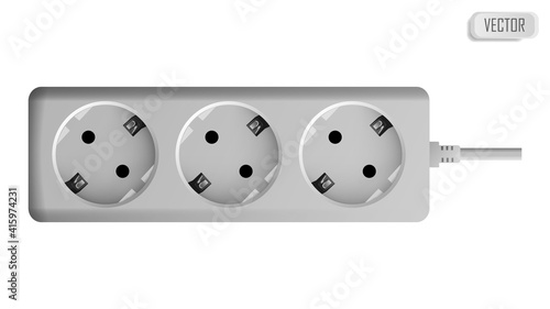 Extension cable cord isolated on white background. Electrical triple white plastic power socket strip europe type. Vector illustration in realistic style