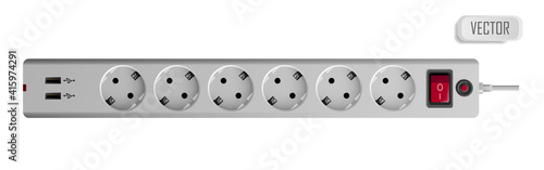 Extension cable cord isolated on white background. Electrical white plastic power socket strip europe type. Vector illustration in realistic style