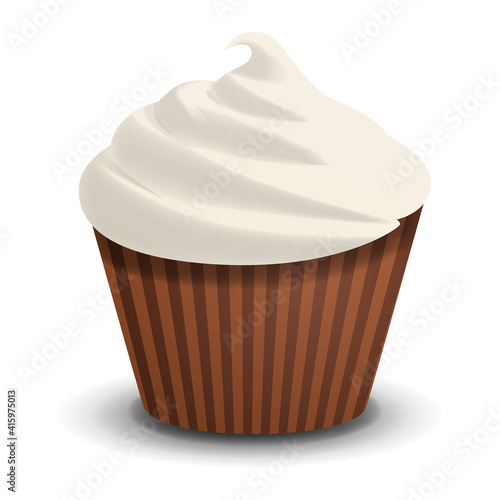Cupcake with whipped cream, delicious creamy cupcake realistic vector illustration. 3d bun with chocolate, baking, dessert, isolated object on white background