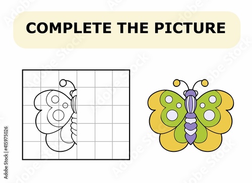 Complete the picture. Coloring book. Educational game for children. Cartoon vector illustration of green butterfly.