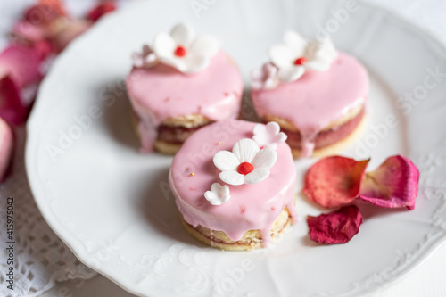 pink sponge cake with flowers and petals wedding, valentine, spring, mothersday love cake  © Lumistudio