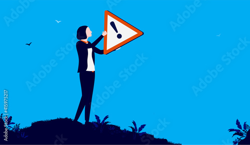 Businesswoman with warning sign - Woman holding a sign of danger in hands. Business caution and dangers concept. Vector illustration.
