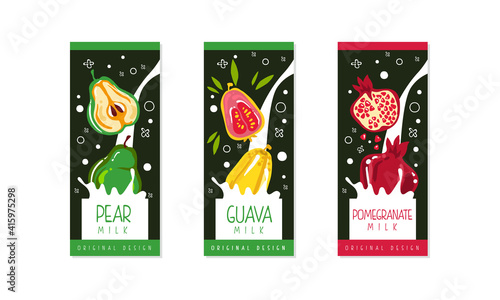 Fruit Milk Labels Set, Pear, Guava, Pomegranate Natural Dairy Products Banner, Branding, Packaging Templates Vector Illustration