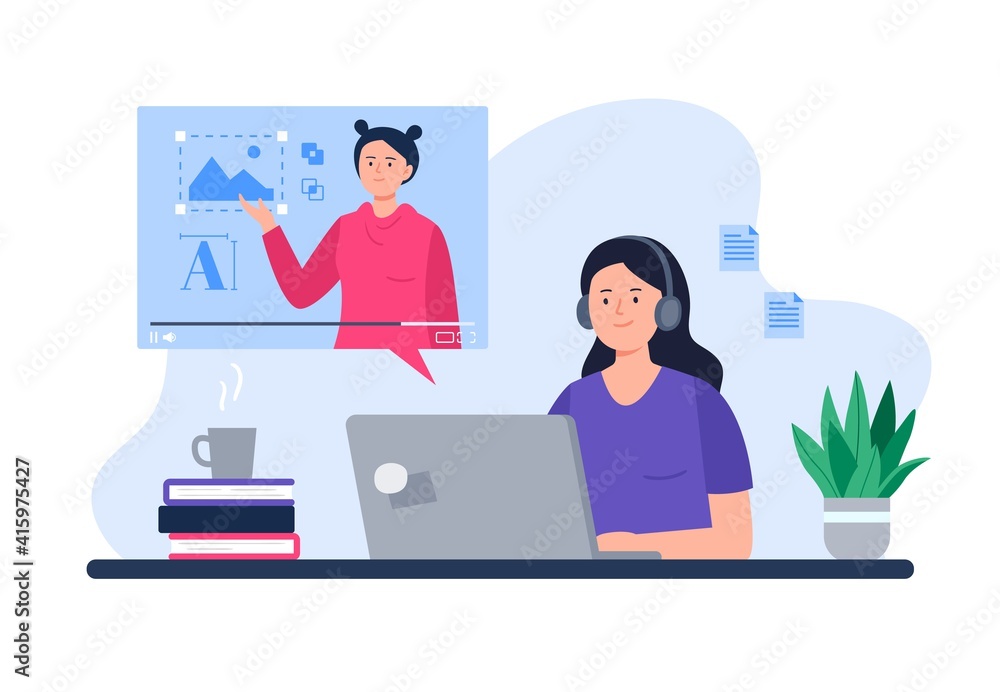 A Woman Watches Online Design Course. Online Education, E-learning, Studying at Home, Tutorials. Vector Flat Illustration. A Woman Watches Online Design Course. Online Education, E-learning, Studying at Home, Tutorials. Vector Flat Illustration.