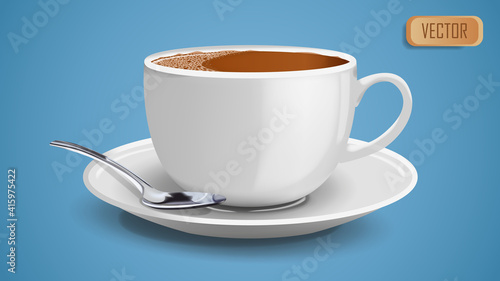 Side view of realistic white cup filled with black classic espresso with teaspoon vector illustration