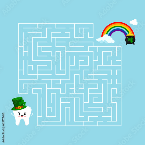 Saint Patrick day tooth kids maze game. Help white teeth boy in leprechaun hat to find right way to rainbow and cauldron with gold in labyrinth. Vector flat design  illustration in cartoon style.