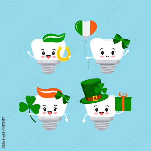 St Patrick cute teeth dental implant icon set isolated. Orthodontist dentistry tooth character with irish lucky charm - shamrock, horseshoe, leprechaun hat. Flat design cartoon vector kid illustration