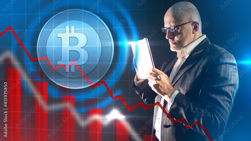 Falling bitcoin rate. Serious investor next to bitcoin chart. Analyst near cryptocurrency logo. Concept - analyst predicts fall in cryptocurrencies. Falling bitcoin currencies. Analysis of blockchain Falling bitcoin rate. Serious investor next to bitcoin chart. Analyst near cryptocurrency logo. Concept - analyst predicts fall in cryptocurrencies. Falling bitcoin currencies. Analysis of blockchain