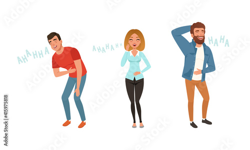 Positive Young Men and Woman Laughing out Loudly Set, Happy People Bursting with Laughter Cartoon Vector Illustration