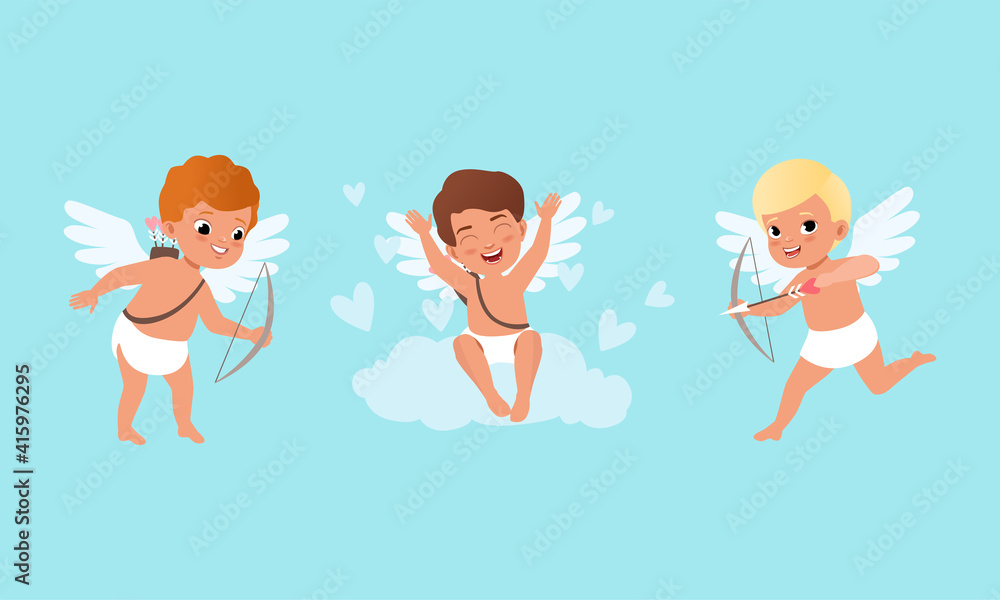 Cute Baby Cherubs Angels with Wings Set, Cute Lovely Boys Cupid Characters Shooting with Bow Cartoon Vector Illustration Cute Baby Cherubs Angels with Wings Set, Cute Lovely Boys Cupid Characters Shooting with Bow Cartoon Vector Illustration