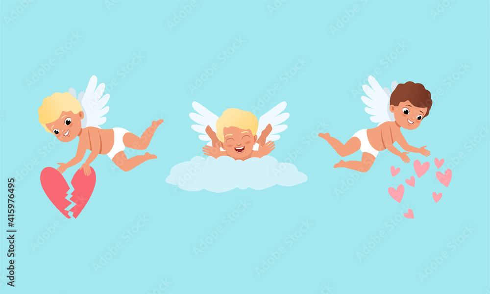 Cute Baby Cherubs with Hearts, Cute Lovely Boys Cupid Characters in Different Actions Cartoon Vector Illustration Cute Baby Cherubs with Hearts, Cute Lovely Boys Cupid Characters in Different Actions Cartoon Vector Illustration
