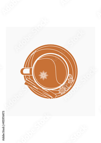 Editable Isolated Top View Flat Monochrome Style Indian Masala Chai With Assorted Herb Spices Vector Illustration for Artwork Element of Beverages With South Asian Culture and Tradition Design