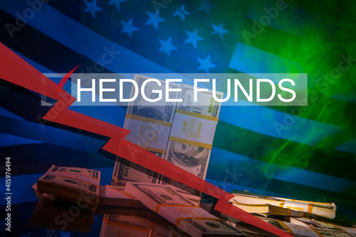 Problems of hedge funds in USA. Hedge funds logo on a USA flag background. Collapse hedge funds due to short trades. Green smoke as a symbol of investment in cannabis. Cannabis stock trading US