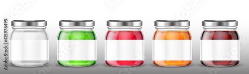 Glass jars with jam and blank label. Vector realistic mockup of clear pots with conserve fruit, jelly and honey. Template of preserve packaging in transparent bottles with steel cap and white label