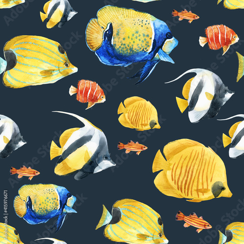 Beautiful seamless underwater pattern with cute watercolor colorful fish. Stock illustration.