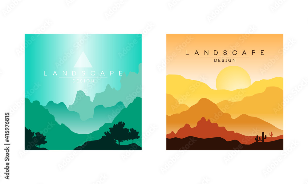 Beautiful Mountain Landscape at Day and Evening Time, Peaceful Nature Background, Banner, Poster, Cover Set Vector Illustration