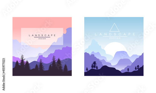 Beautiful Mountain Landscape at Sunset, Peaceful Nature Background, Banner, Poster, Cover Set Vector Illustration