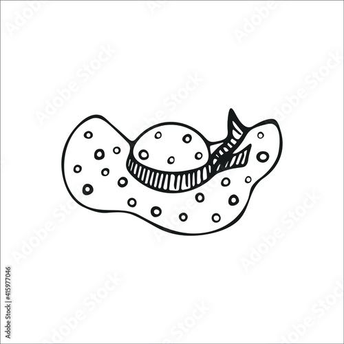 Hand-drawn summer women's hat with polka dots, single element. Graphic doodle, sketch, outline drawing isolated on white. Vector illustration