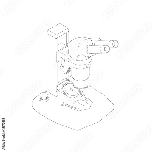 Microscope outline from black lines isolated on white background. Isometric view. Vector illustration