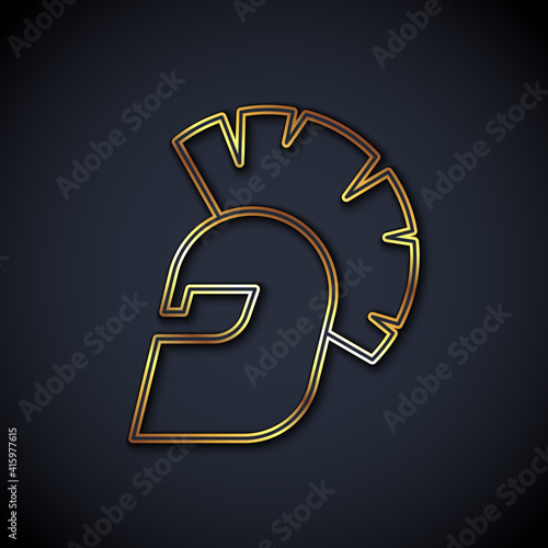 Gold line Greek helmet icon isolated on black background. Antiques helmet for head protection soldiers with a crest of feathers or horsehair. Vector.