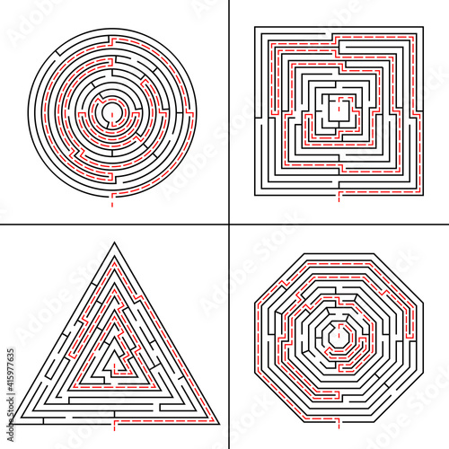 Maze games. Set of vector puzzles, different shapes. Finding the way to the exit.