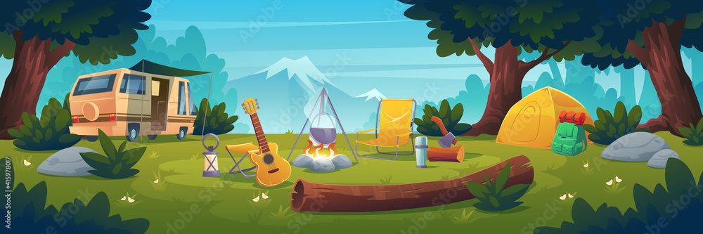 Fototapeta premium Summer camp at day time. Rv caravan stand at campfire with pot, tent, log, cauldron and guitar on mountain view. Summertime camping, traveling, trip, hiking activities, Cartoon vector illustration
