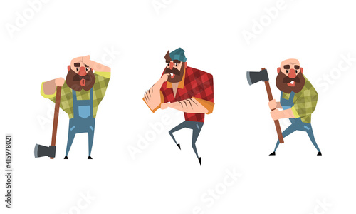 Bearded Lumberjack in Action Set, Powerful Woodcutter Character in Plaid Shirt Cartoon Vector Illustration