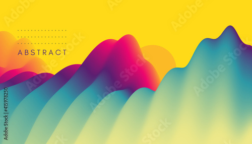 Landscape with mountains and sun. Sunrise. Mountainous terrain. Abstract background. Vector illustration.