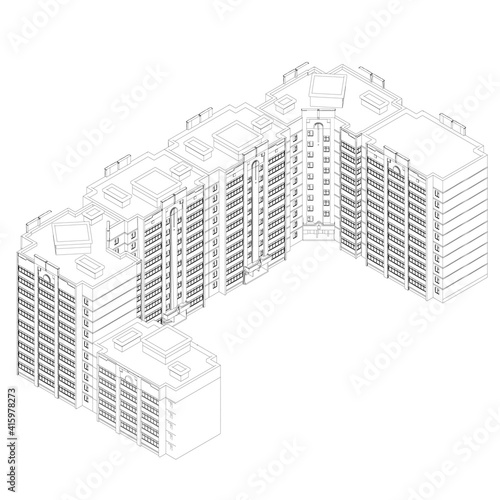 The outline of a multi-storey residential building. Isometric view. 3D. Vector illustration