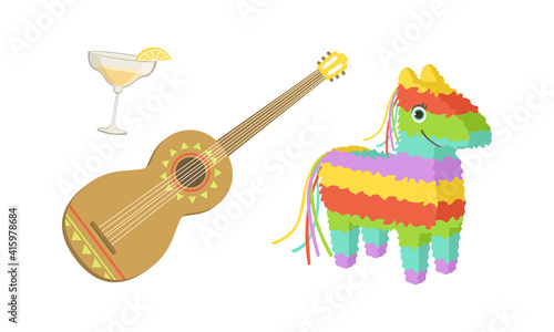 Traditional Cultural Symbols of Mexico Set, Pinata, Spanish Guitar and Glass of Tequila Cartoon Vector Illustration