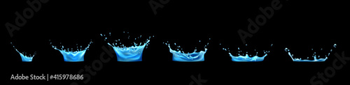 Water splash sequence animation sprite sheet for motion graphic or mobile game. Dripping effect with drops in shape of crown with liquid aqua dynamic splashing, Realistic 3d vector Illustration, set