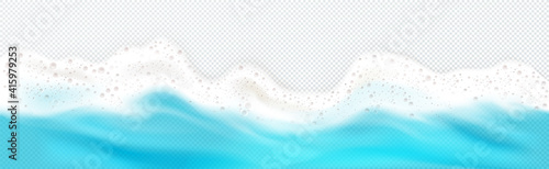 Top view of sea wave foam splashing down border. Blue ocean foamy water splash isolated on transparent background. Natural nautical frame, spume froth design element, realistic 3d vector illustration