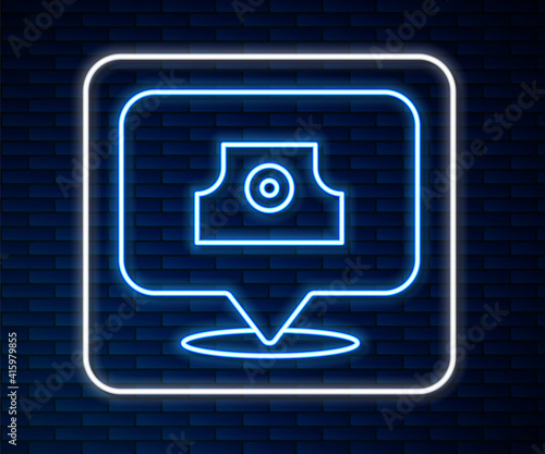Glowing neon line Spray can nozzle cap icon isolated on brick wall background. Vector.