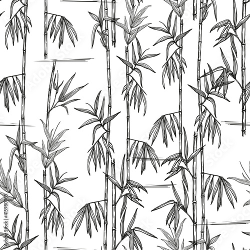 Bamboo forest in seamless pattern. Black and white hand drawn sketch background. Rainforest in Asia. Nature. Drawn by hand in ink on paper and converted into vector. 