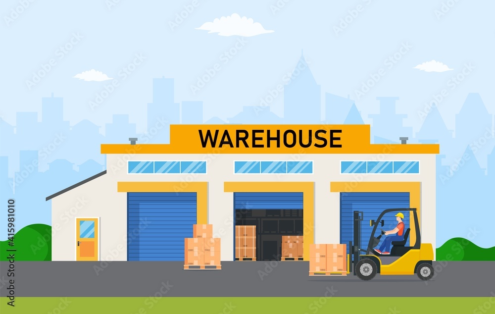 Warehouse industry with storage buildings, forklift and rack with boxes. The loader carries goods to the warehouse. Distribution logistic and cargo delivery concept. Vector illustration in flat style