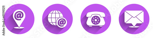Set Location and mail and e-mail, Earth globe with mail, Telephone and Envelope icon with long shadow. Vector.