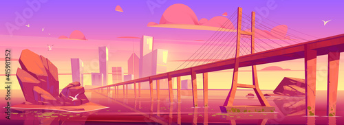 City skyline with buildings and bridge above lake or river at sunset. Vector cartoon landscape of sea, island with town skyscrapers on horizon and overpass highway in morning pink light