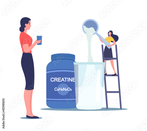 Tiny Female Character Pour Protein Powder for Making Cocktails in Shaker in Gym. Sportive Nutrition for Pumping Muscles