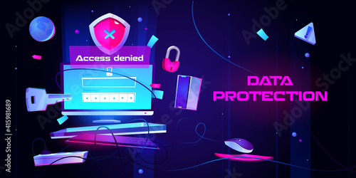 Personal data protection cartoon landing page. Internet social networks media cyber privacy, protect confidential information. Laptop screen with key, lock, login and password form, Vector web banner