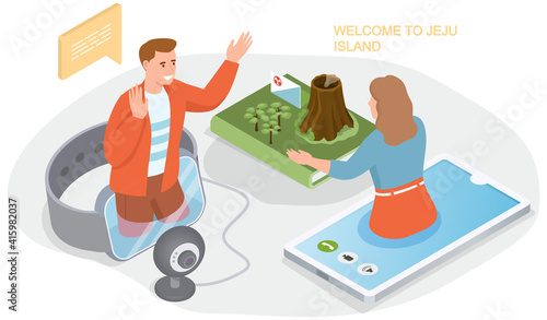 Young people talk on video link discuss vacation in Asia. Travel to South korea. Welcome to Jeju island. Online conference about sights, popular place for visiting tourists at green tropical island