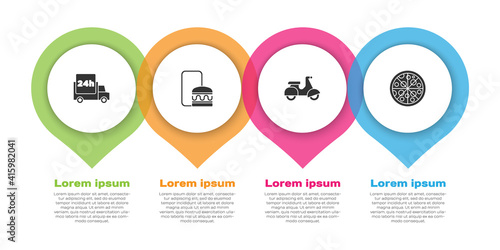 Set Fast delivery by car, Online ordering and, Scooter and Pizza. Business infographic template. Vector.