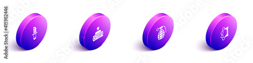 Set Isometric Military knife, Stop war, Hand grenade and Brass knuckles icon. Vector.