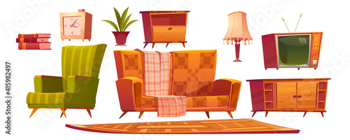 Retro old living room furniture and stuff sofa, wooden nightstand, armchair and antique switched-off television books, alarm clock, wood tv stand and table lamp with rag, Cartoon vector icons set